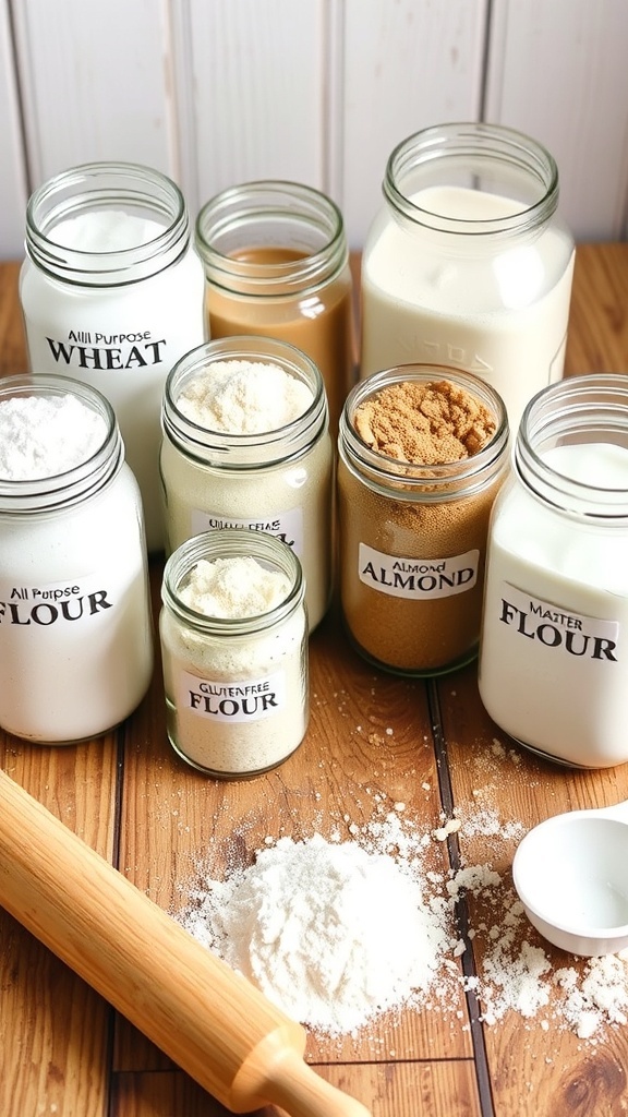 Different types of flour in jars on a wooden table with baking tools.